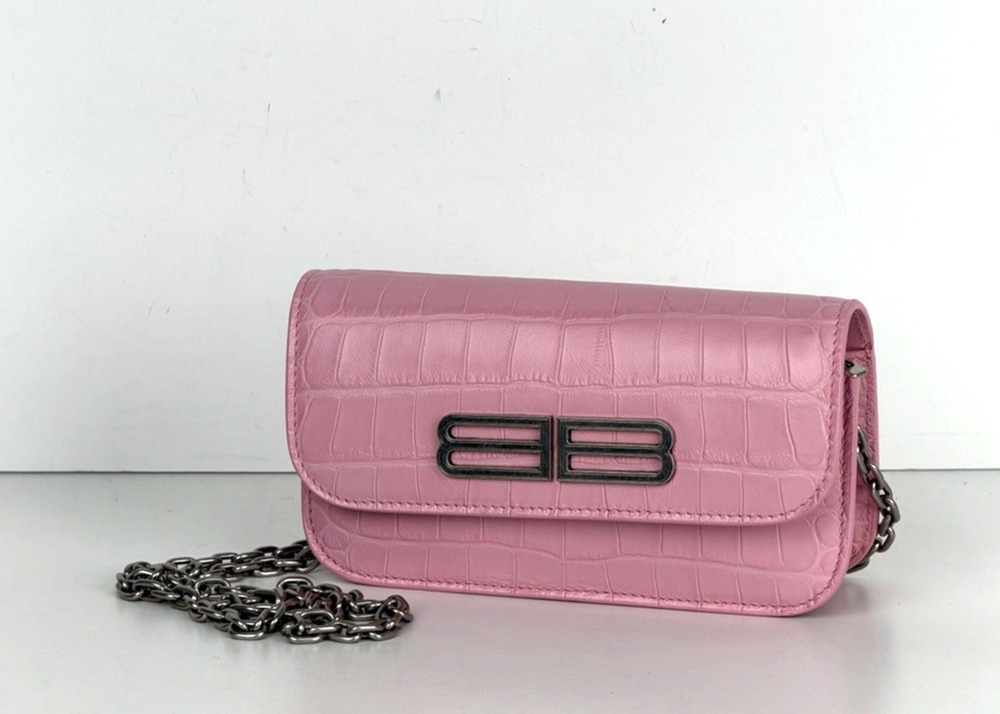 Balenciaga Gossip Wallet on Chain Bag Pink Crocodile Calfskin Silver HW S01